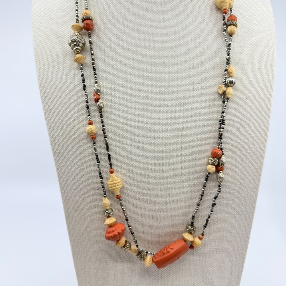 Vintage Boho Multi-Strand Seed Bead Necklace Carved Terracotta Cream Layered